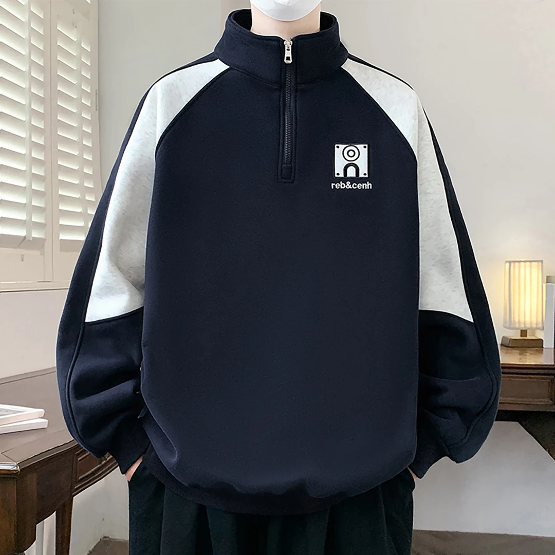 加绒加厚半高领卫衣男青少年秋冬季一体绒保暖打底衫拼接撞色上衣