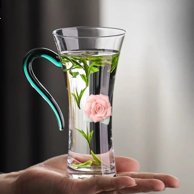 绿茶杯女士个人专用玻璃杯高颜值透明女神杯水晶杯子办公室泡花茶