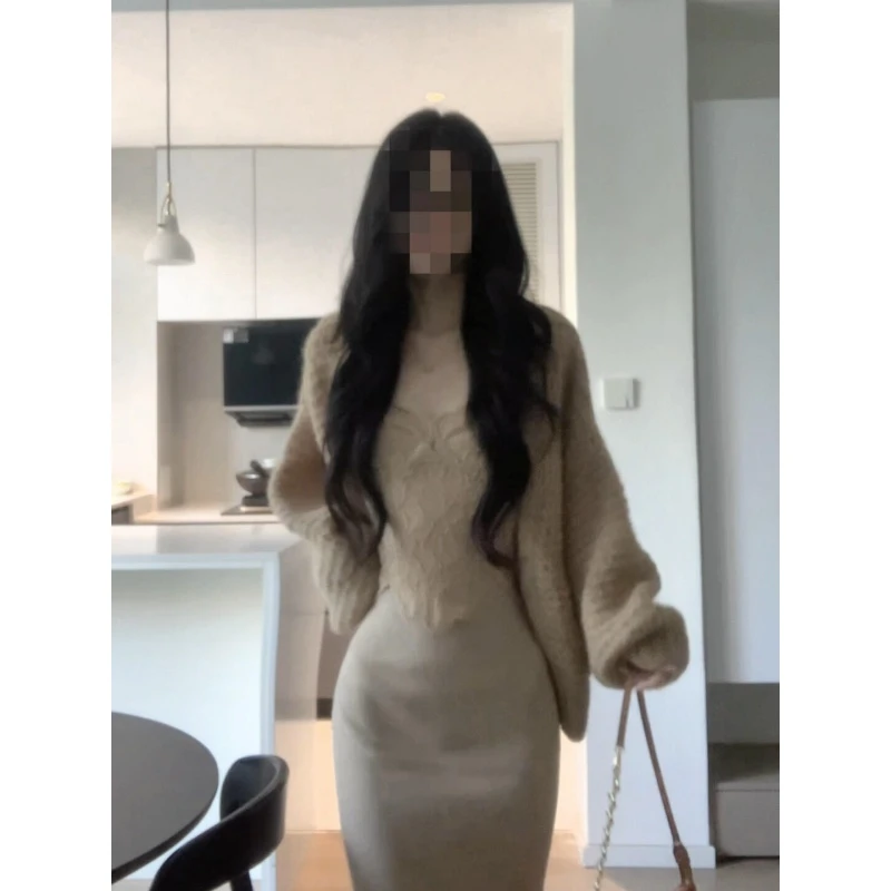 parkyeon纯欲辣妹秋冬新款慵懒风毛衣外套蕾丝背心上衣半身裙套装