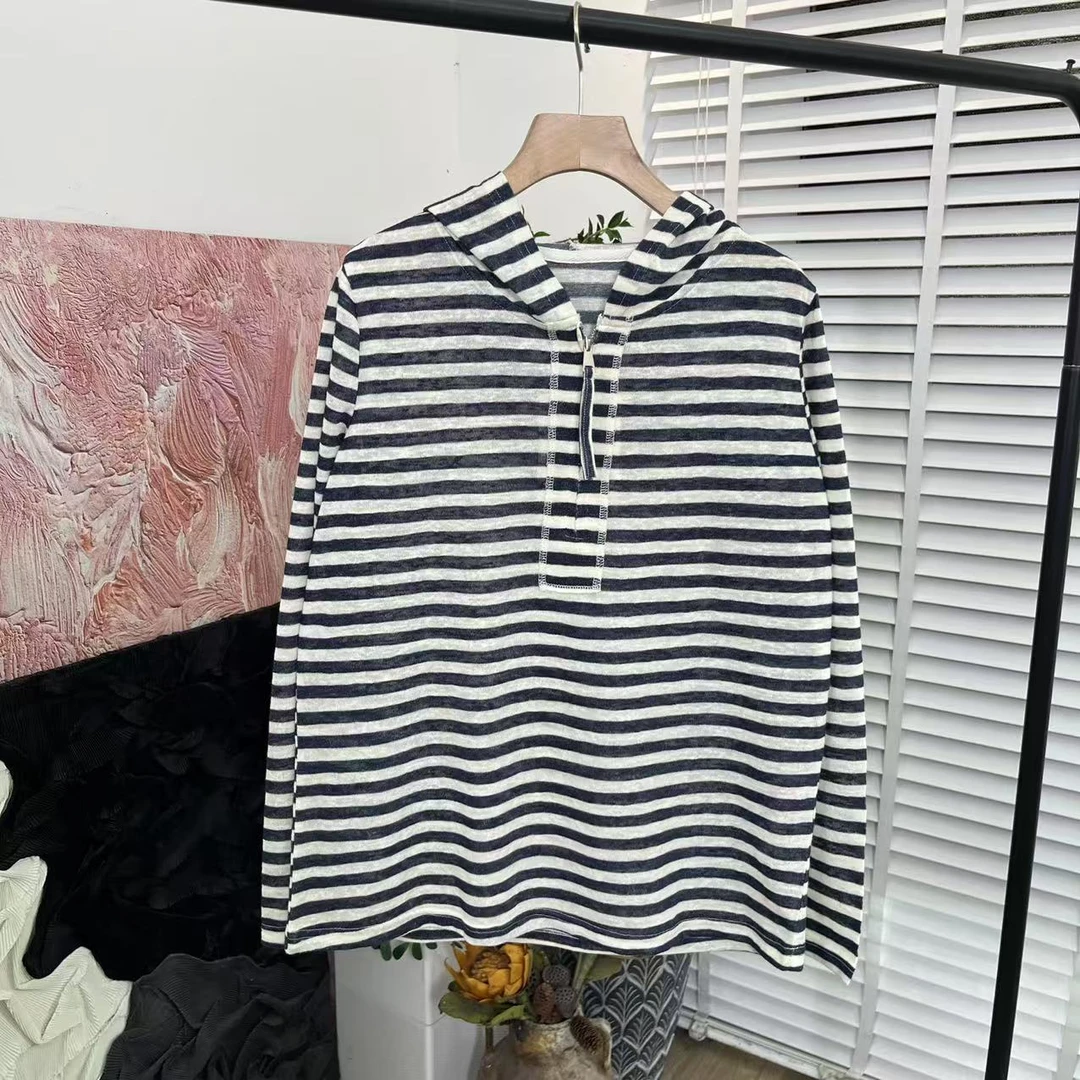 日系舒适「柔软弹力条纹」长袖连帽T恤女E5336
