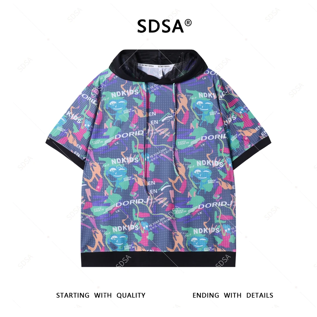SDSA夏季新款男士痞帅美式撞色炫彩连帽短袖T恤时尚高级感上衣