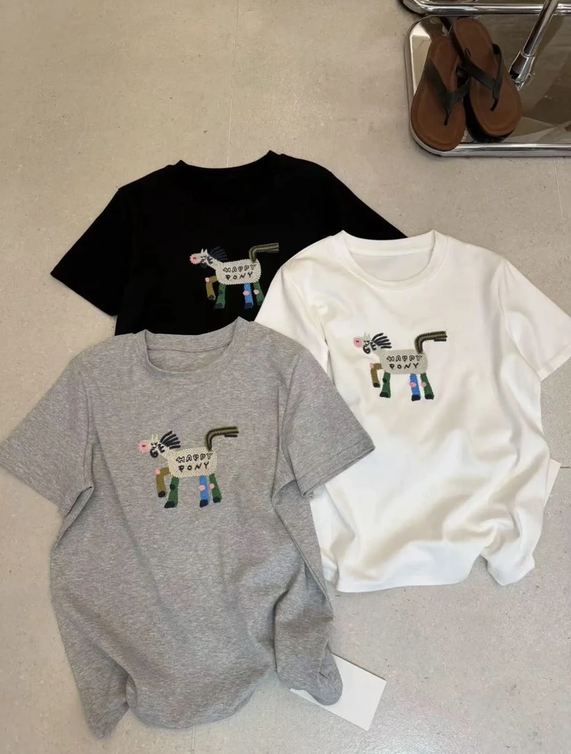 刺绣小马圆领T恤女士短袖