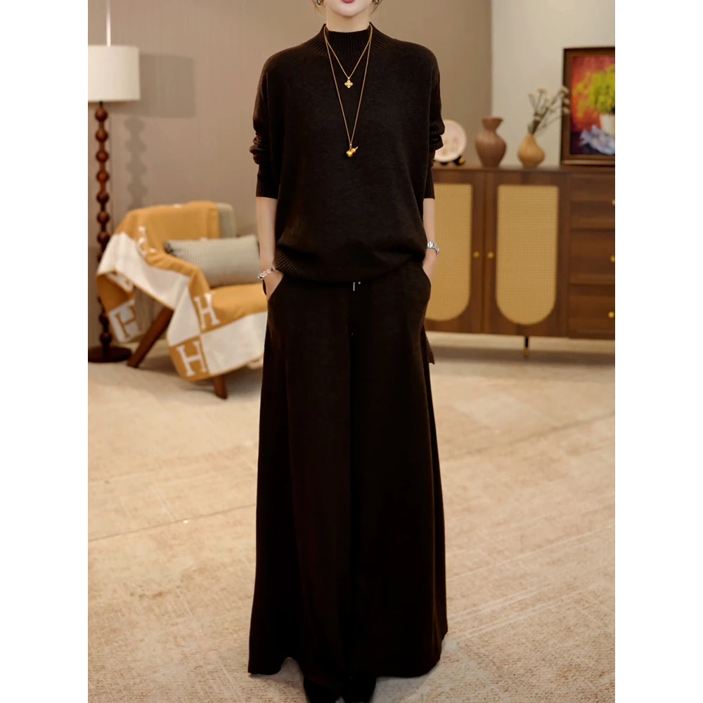 时尚高级感纯色针织套装2025秋冬新款慵懒通勤百搭针织衫+休闲裤