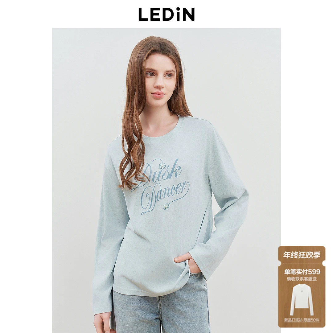 【欧若风】乐町2025新款韩系清花体简约圆领宽松落肩长袖T恤