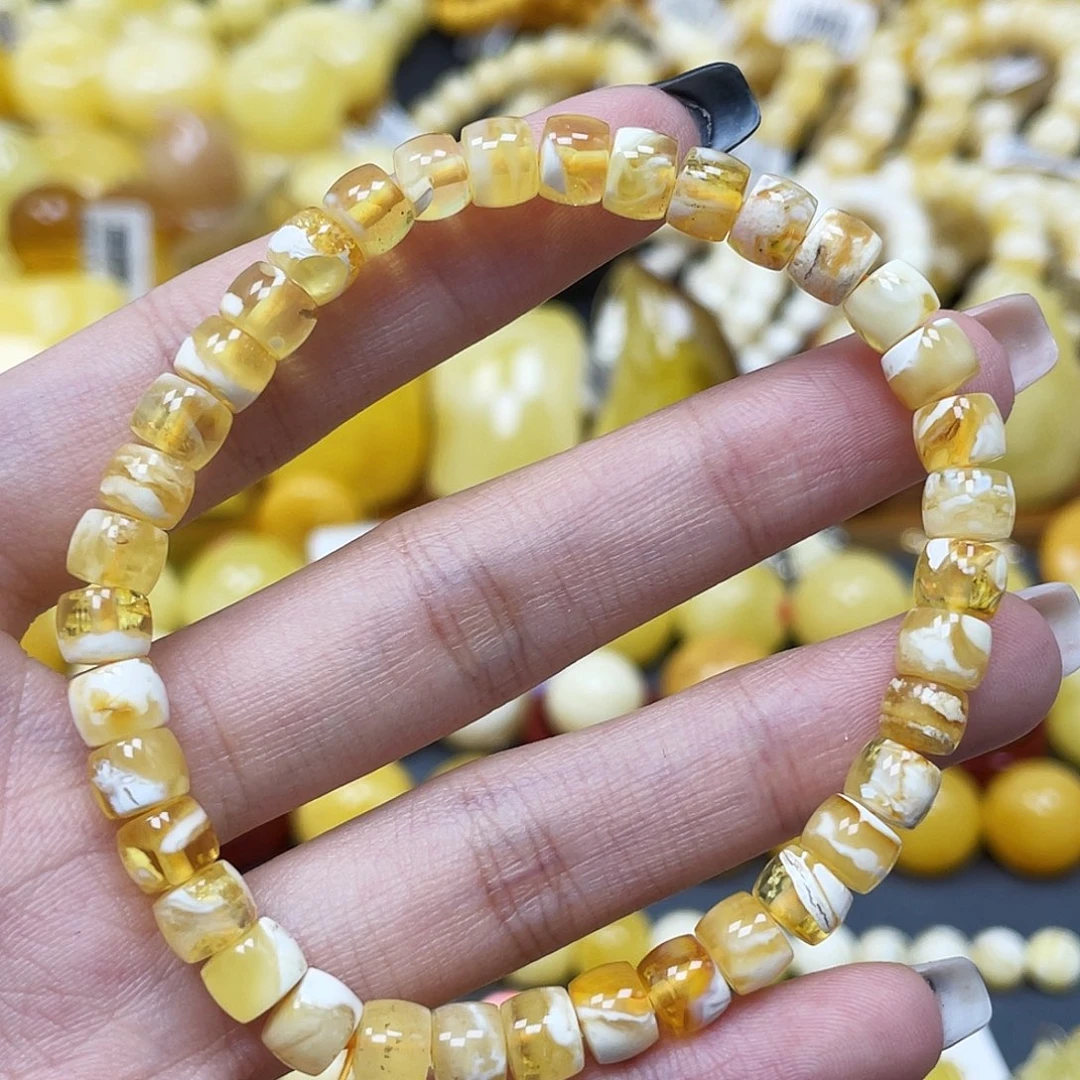 琥珀未镶嵌裸石6.5mm直切蜜蜡手串 瑕 福利款