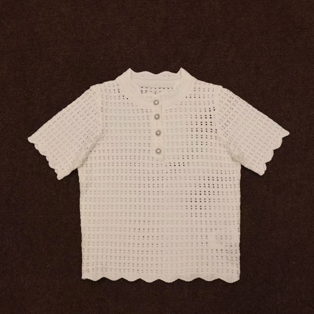 【晨老板】~ceilina【浮云织梦】时尚花边镂空圆领短袖针织69257074