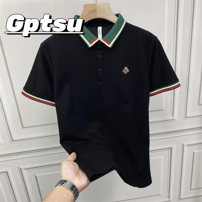 GPTSu小蜜蜂刺绣短袖t恤男2025新款翻领POLO衫时尚潮牌韩版体恤男
