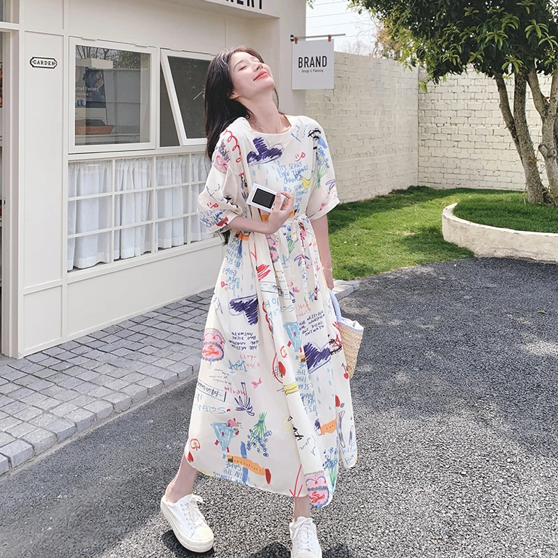设计感夏日卡通涂鸦连衣裙2025新款小个子多巴胺宽松慵懒风长裙子