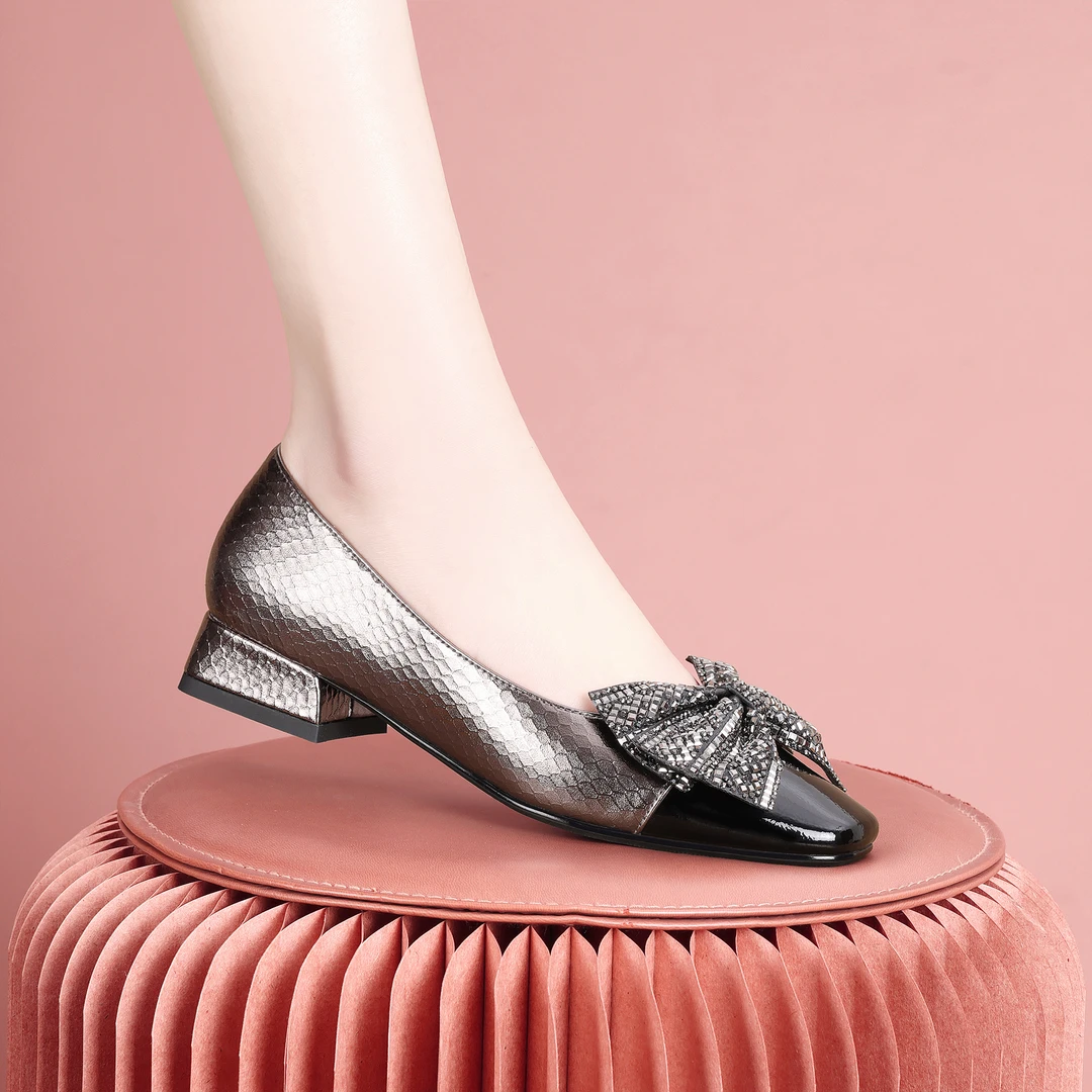 梵芮诗2025年新款春季蝴蝶结时尚百搭低跟粗跟女休闲单鞋-J1275