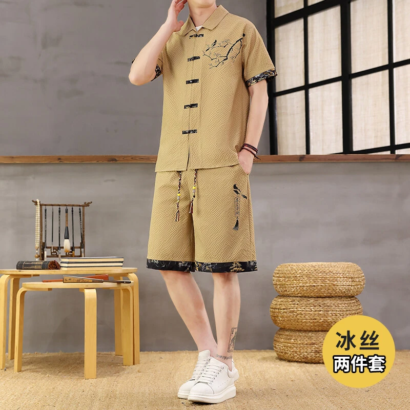 冰丝速干短裤套装男士新中式衬衫中国风痞帅风休闲两件套夏季男装