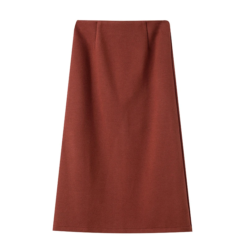 醋酸羊毛羊绒冬半身裙女2024秋冬季新款显瘦开叉A字加厚中长裙子