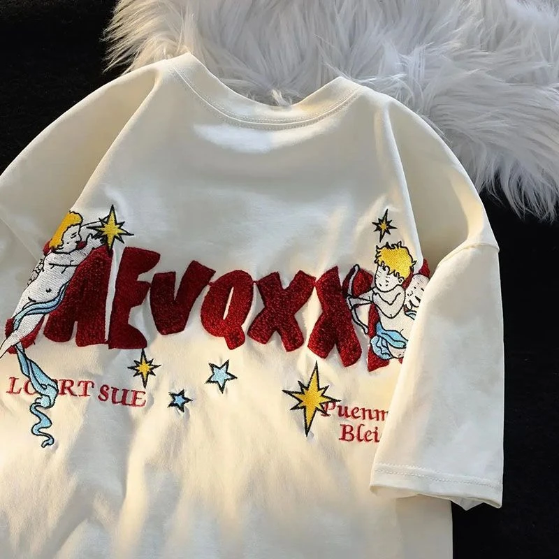 特大码300斤夏季小众美式复古字母绣花短袖t恤情侣宽松休闲上衣