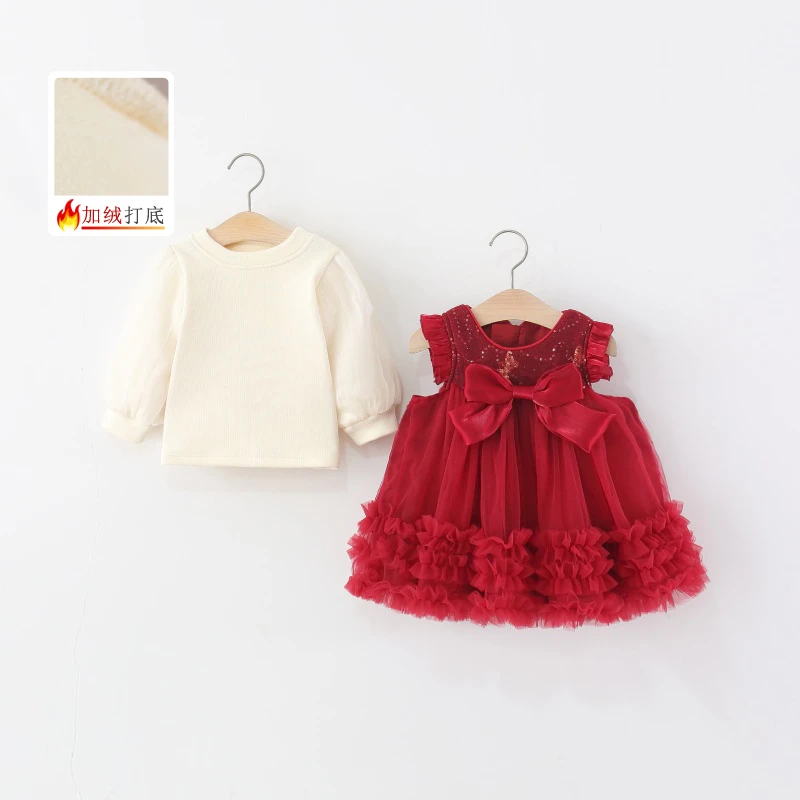 童装女童裙套装秋冬季儿童宝宝亮片蝴蝶结网纱公主裙子两件套加绒