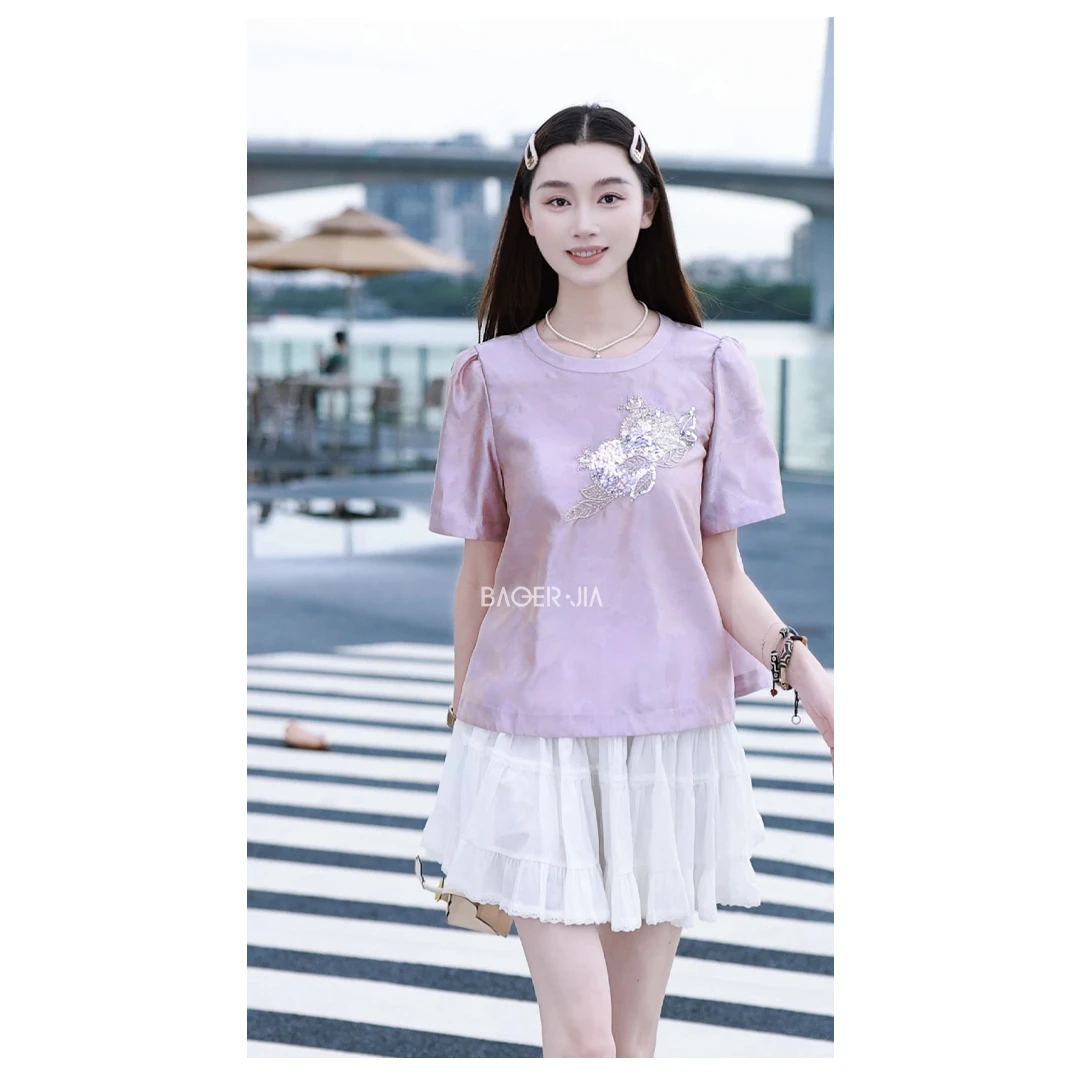 88-宝儿家含幂BK203625206夏季新款穿搭丝光绸法绣双鱼繁花上衣