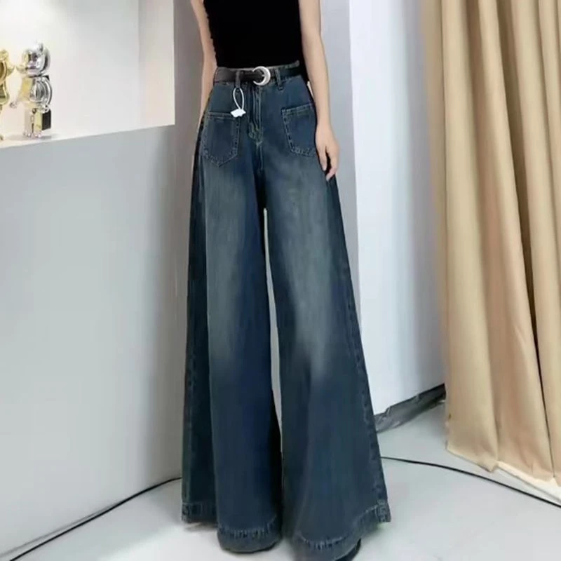 港味复古水洗怀旧新款牛仔裤女早秋高腰宽松遮肉显瘦直筒阔腿裙裤