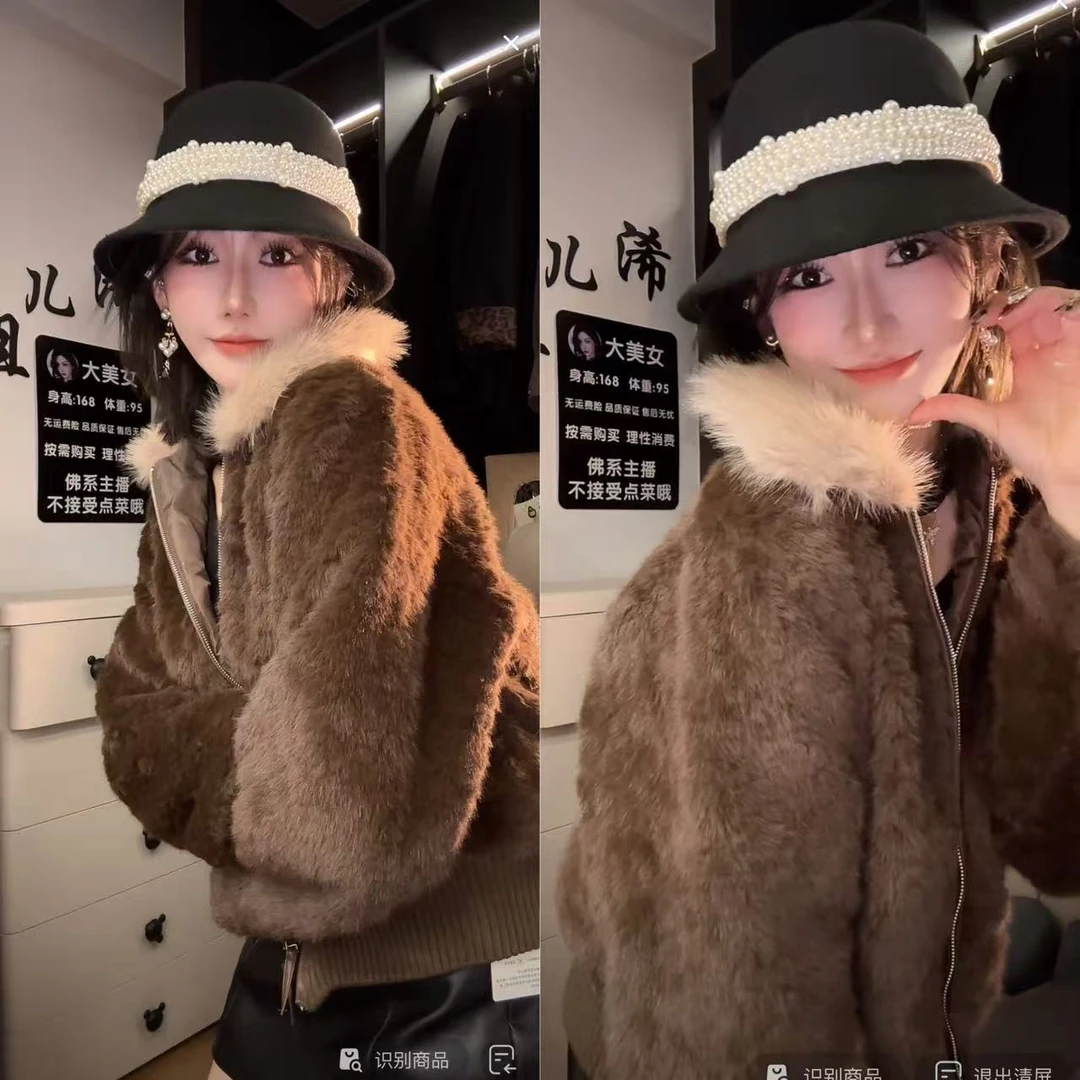 (浠儿姐姐)2025冬季毛绒大毛领短款洋气环葆羊羔毛保暖外套女冬