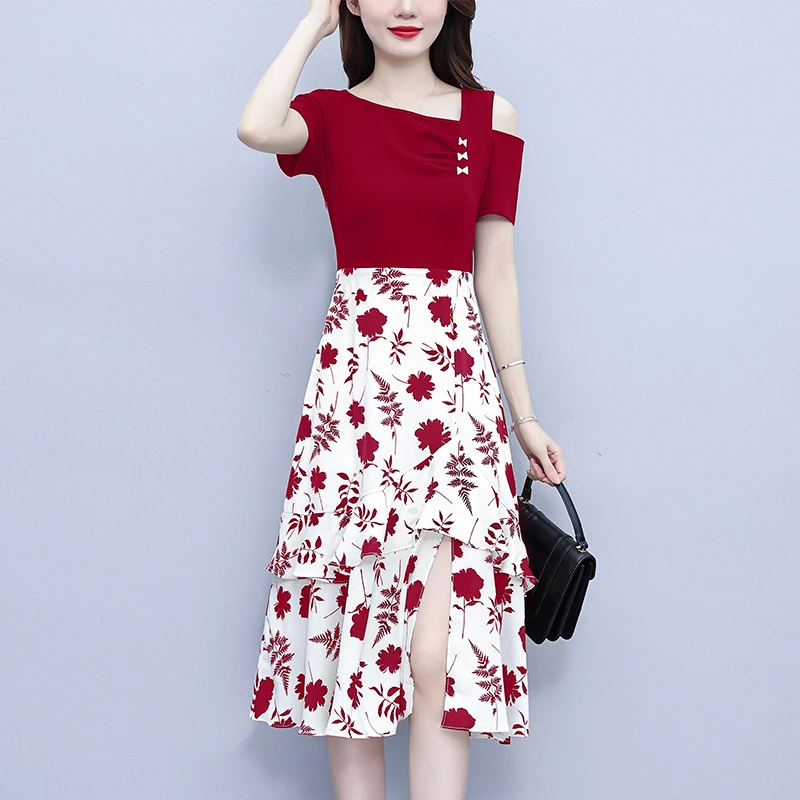 大码女装夏季新款胖妹妹时尚印花拼接假两件不规则连衣裙连衣裙裙