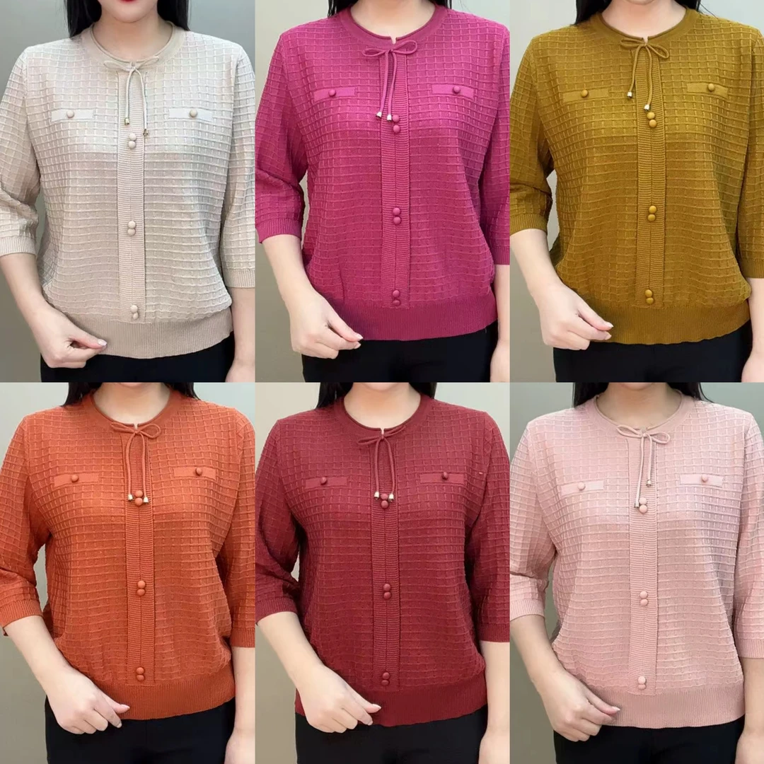 时尚新款圆领七分袖套头针织衫