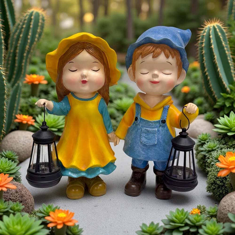 花园装饰庭院摆件公主王子提灯装饰户外太阳能男孩女孩提灯摆件