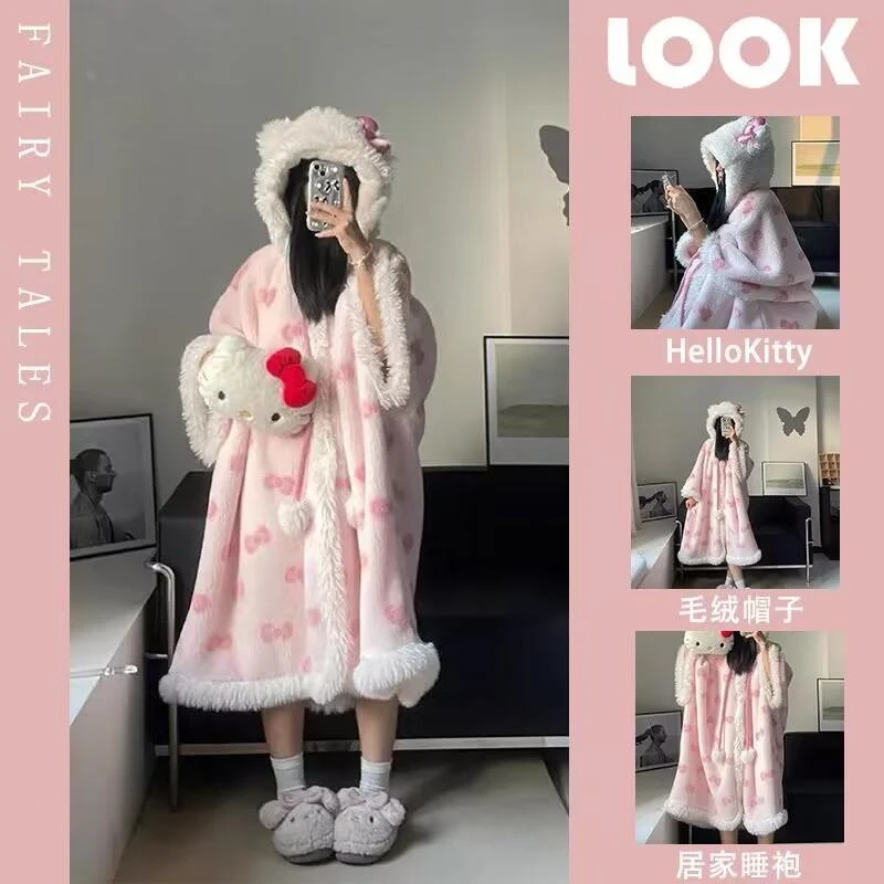 IOSNhelloKittyHello连帽珊瑚绒睡袍女秋冬季毛绒加厚斗篷睡衣家