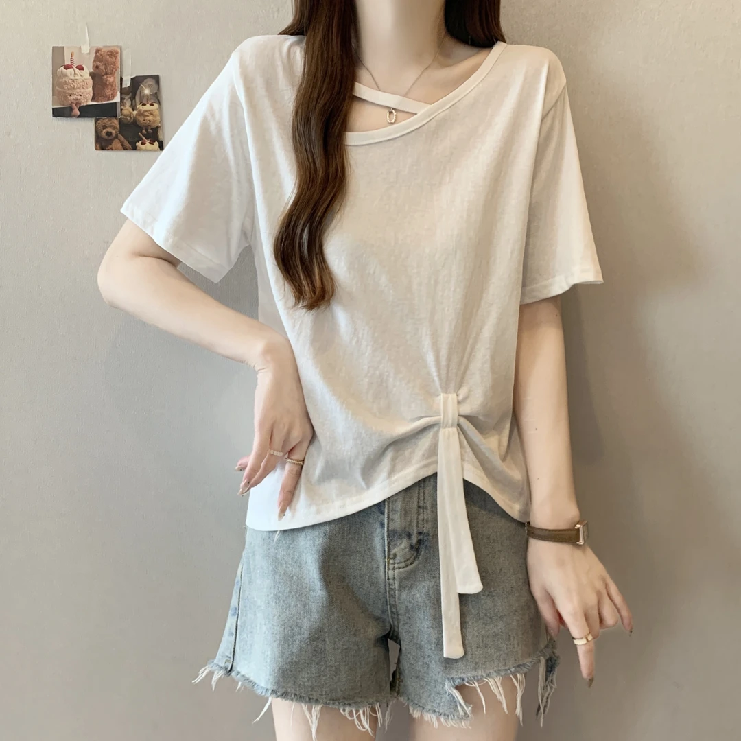 夏季新款微胖mm大码镂空时尚短袖T恤女不对称蝴蝶结系带减龄上衣