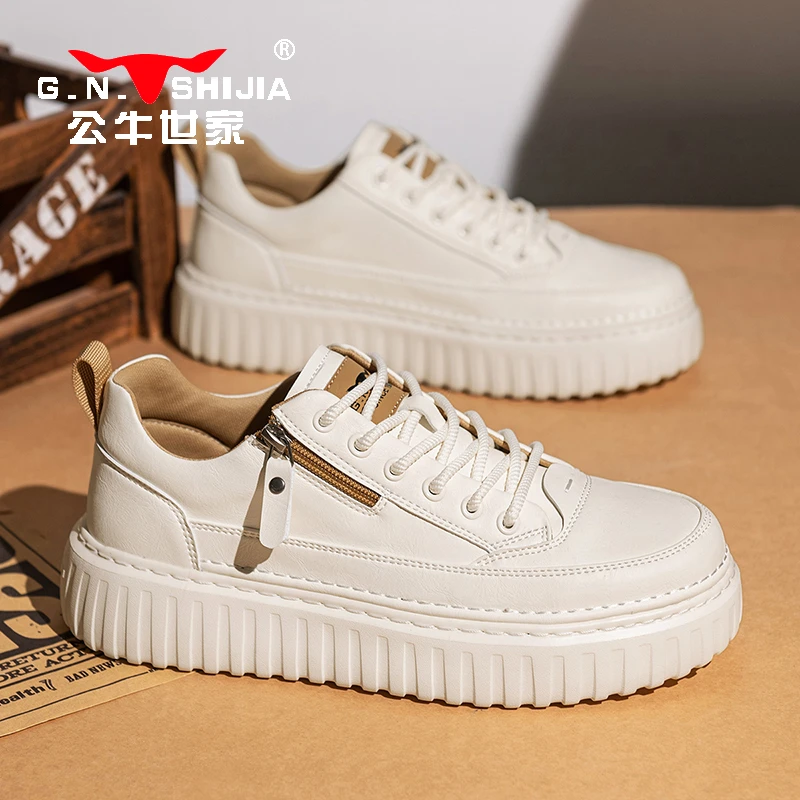 公牛世家男鞋2025新款春秋厚底板鞋男运动休闲复古小白鞋男士皮鞋