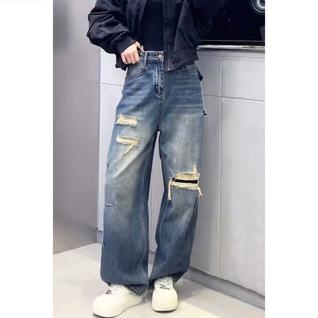 艾塔莉早秋新款设计感破洞牛仔裤高腰长裤牛仔裤显瘦阔腿裤高街风
