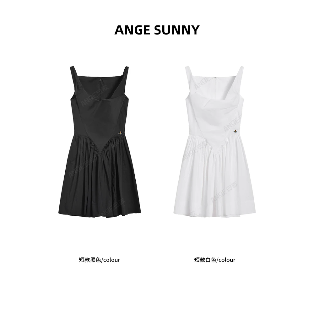 ANGE SUNNY【土星刺绣荡领短款连衣裙】太后风垂褶无袖收腰连衣裙