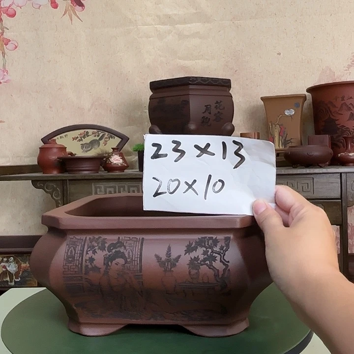花盆紫砂刻绘国色天香