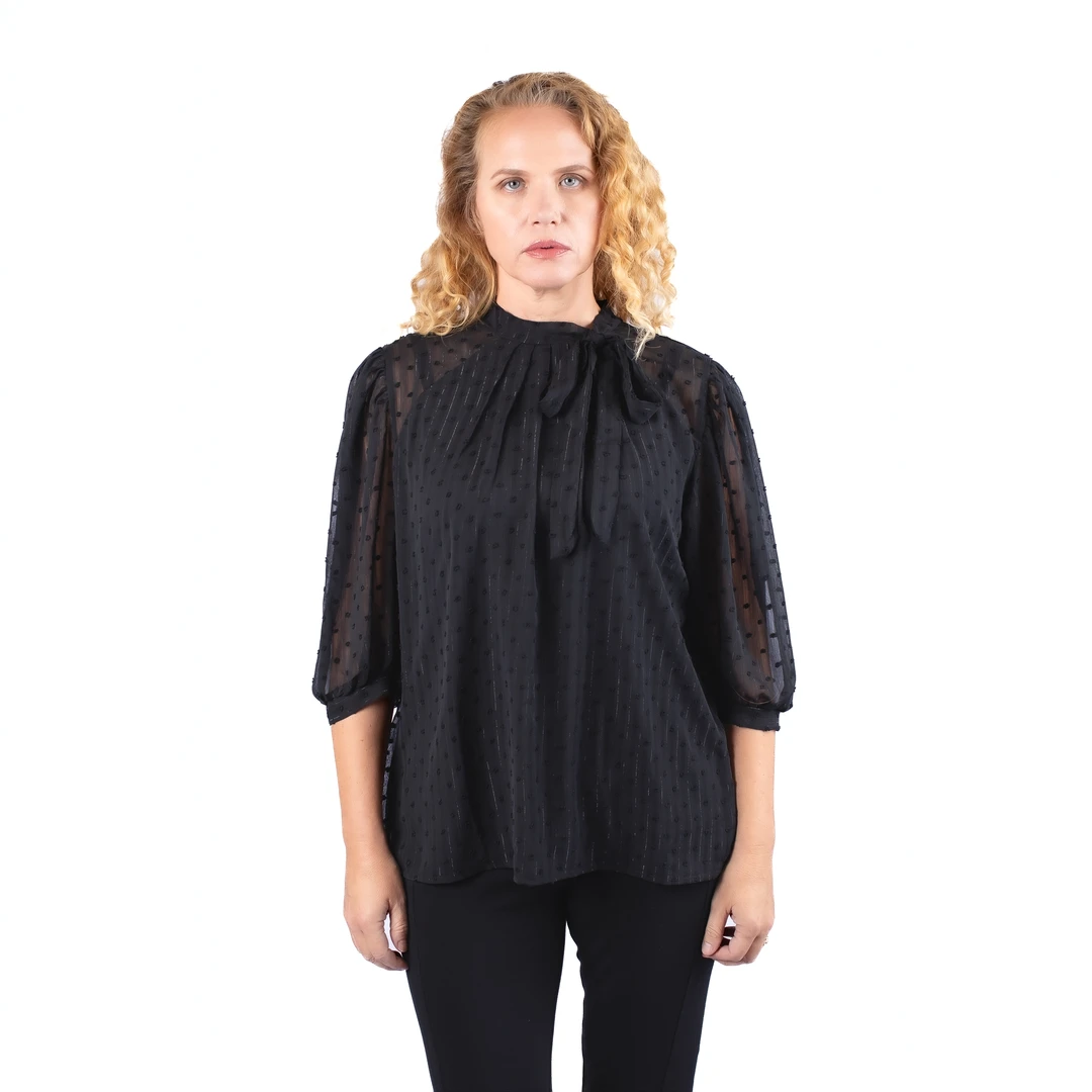 夏季新款法式飘带镂空肌理泡泡袖衬衫上衣