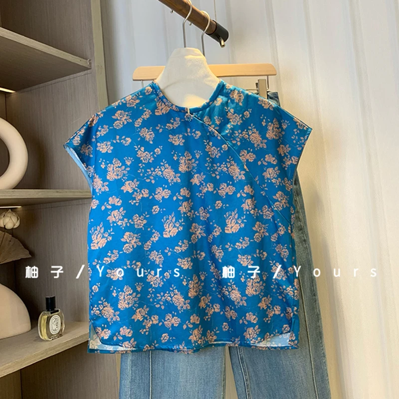 柚子yours【蔓花集】夏季新品桑蚕丝棉提花国风显瘦飞飞袖上衣女
