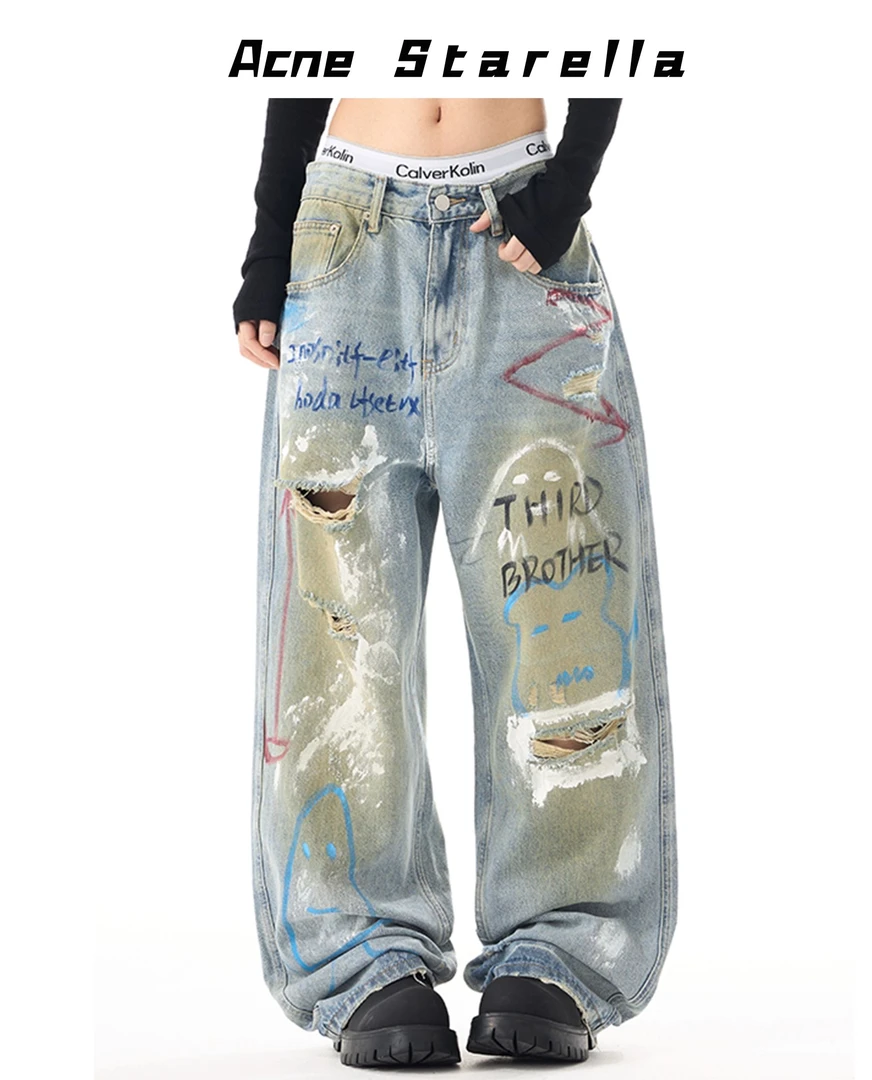 Ac2025【男女同款】美式街头涂鸦浅色破洞彩绘牛仔裤直筒宽松阔腿