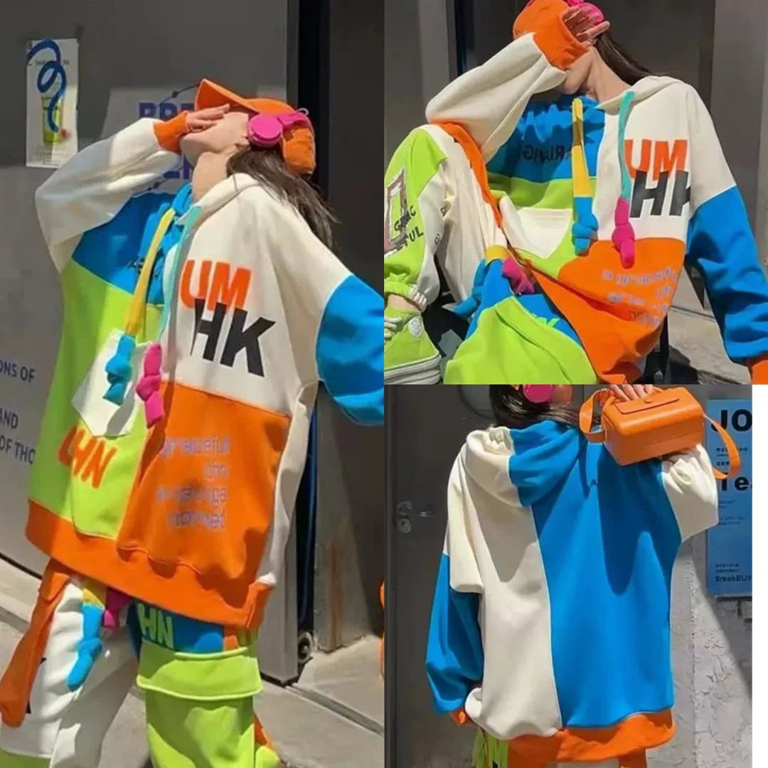 W0834秋冬加厚复合拼色帽款大版宽松卫衣