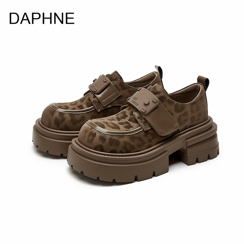 达芙妮2025春款豹纹厚底魔术贴乐福鞋英伦风百搭小个子方头德比鞋
