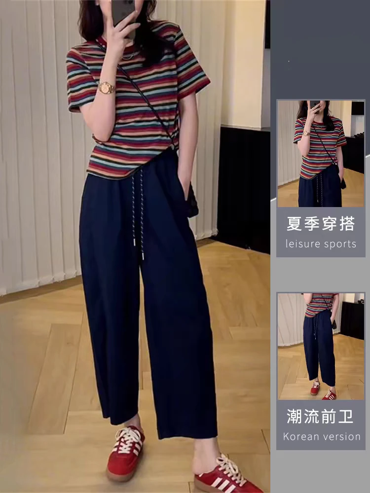 夏季女高腰休闲九分裤子套装时尚洋气减龄显瘦条纹短袖T恤两件套