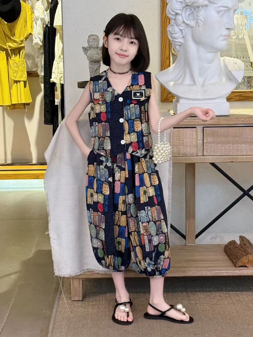 女童洋气夏季薄款阔腿裤套装2025新款女孩韩版时髦休闲夏天两件套