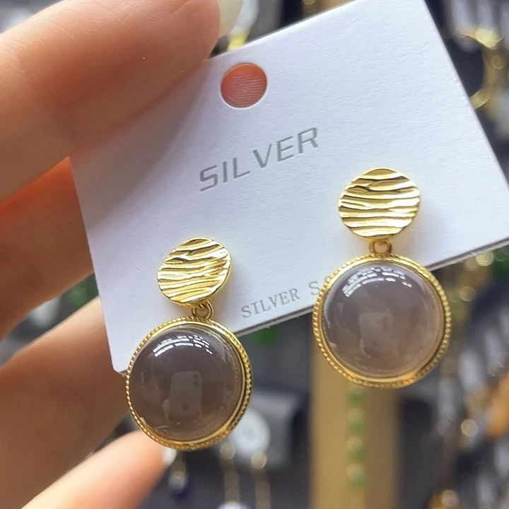 银S925镀金镶嵌和田玉耳饰