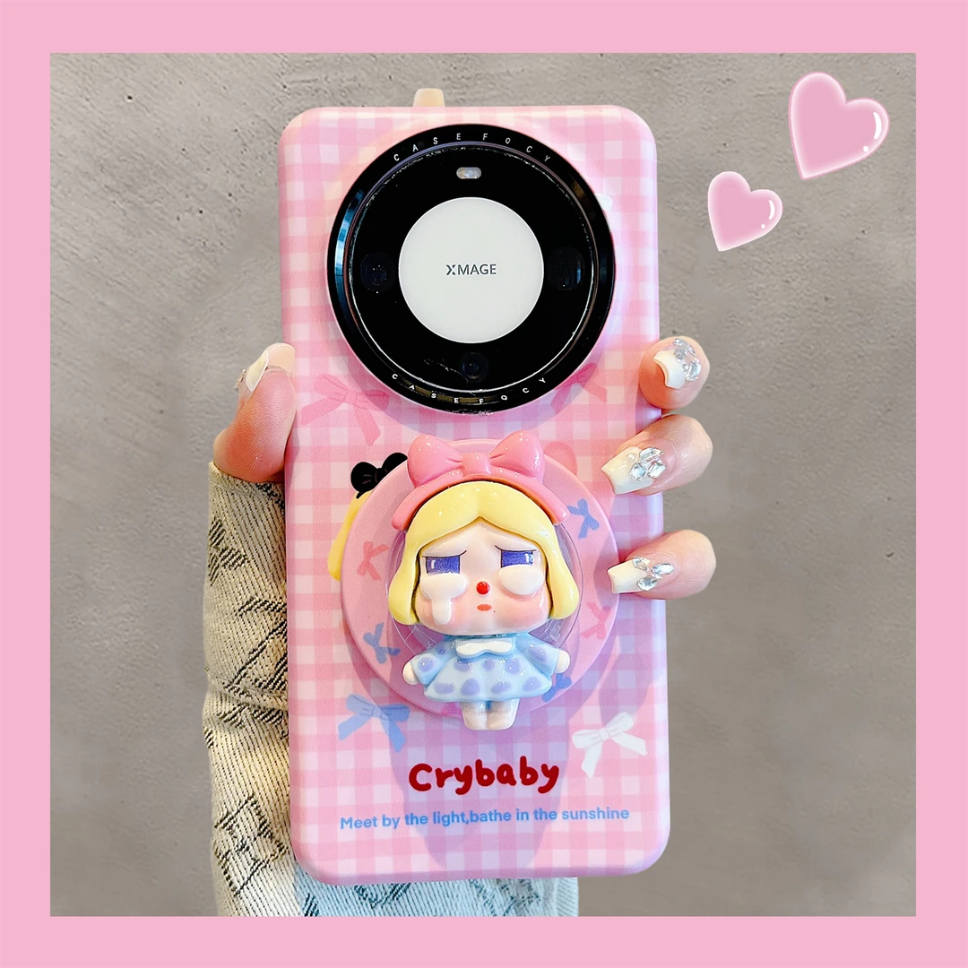 适用华为mate70pro+手机壳少女粉色格纹可爱卡通哭娃mate60pro女