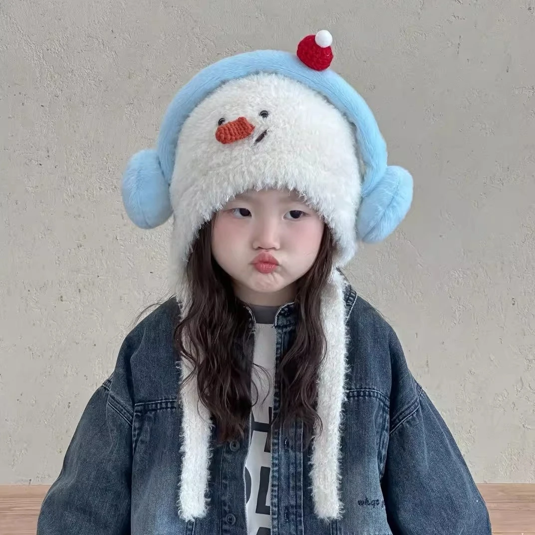 儿童卡通小雪人小熊毛绒套头帽子女秋冬保暖防寒宝宝毛线包头帽子