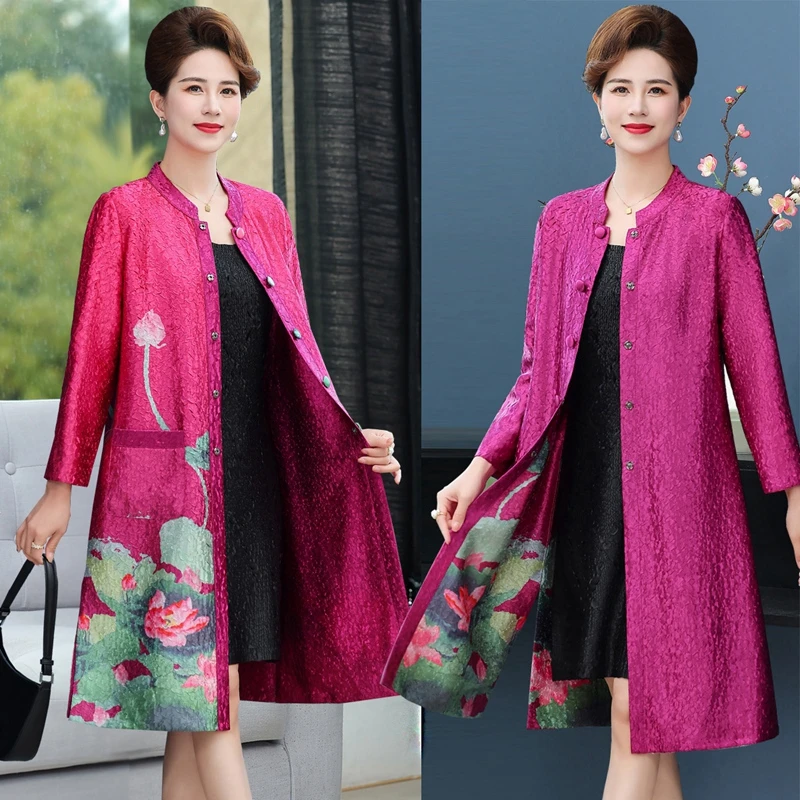 妈妈装中长款褶皱外套阔太太两面穿风衣中老年女薄款外套2502款