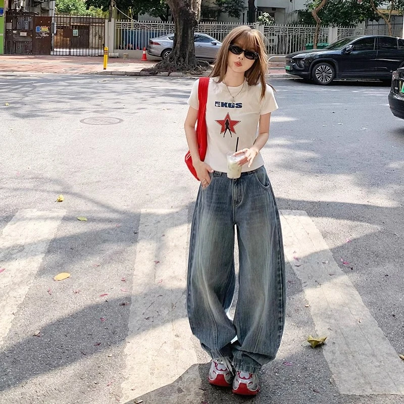 复古阔腿牛仔裤女2025春秋新款美式高街高腰直筒宽松垂感弯刀裤