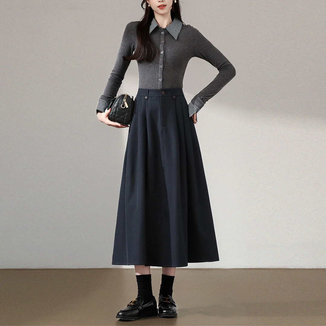 高腰A字半身裙女2025秋冬季新款显瘦通勤百搭休闲中长款百褶伞裙