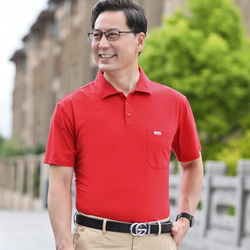 新款中年红色老爸上衣服男士夏装本命年爸爸装短袖t恤爸爸装透气