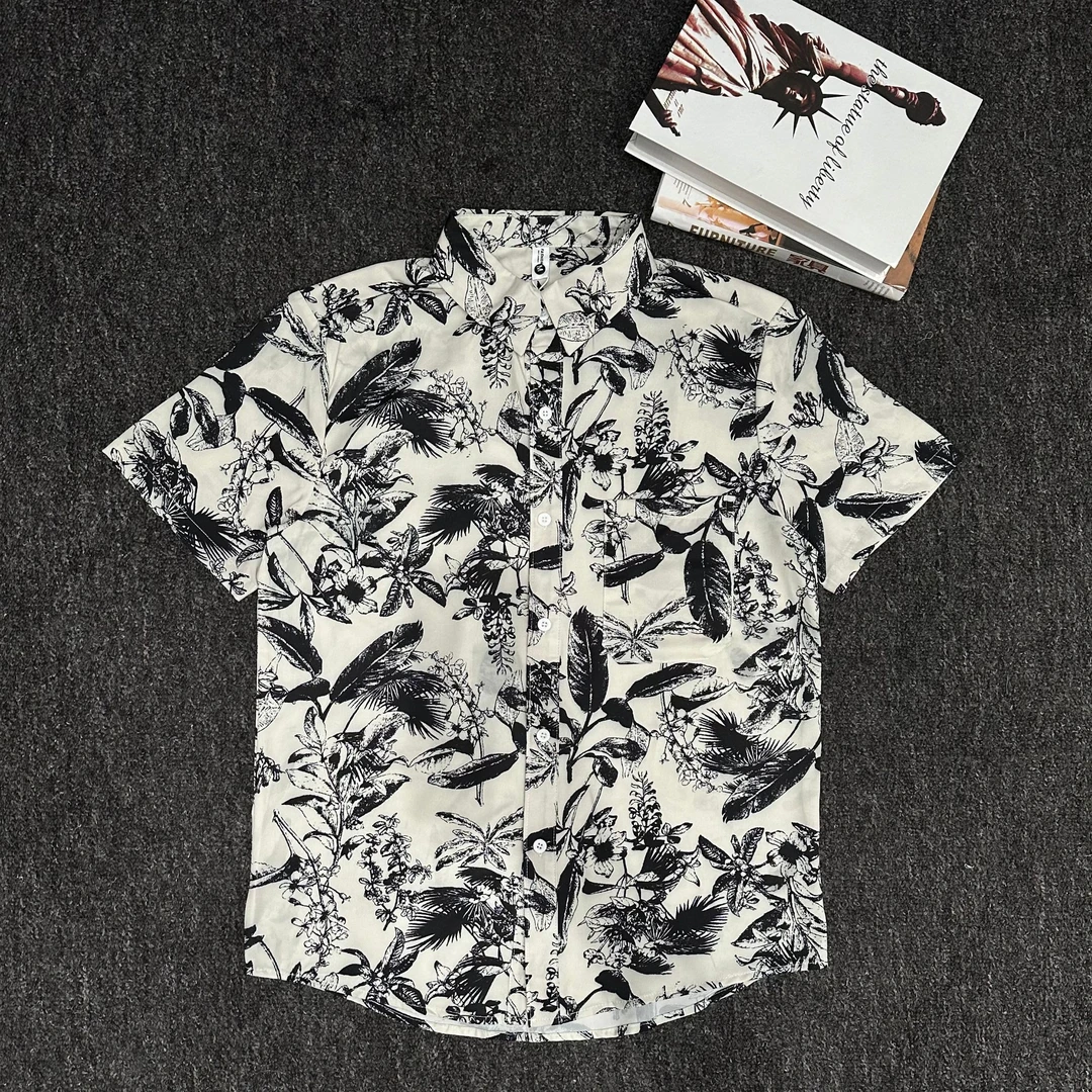 夏季复古宽松薄款短袖花衬衫时尚潮流休闲半袖内搭黑白满印衬衣男