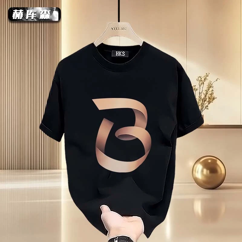 赫库森港风简约ins创意图男士重磅纯棉短袖宽松圆领上衣百搭T恤衫