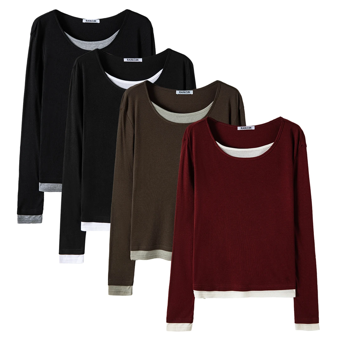 RAIN▪CUN实穿好搭丨薄款 修身百搭舒适撞色假两件女士长袖T恤626