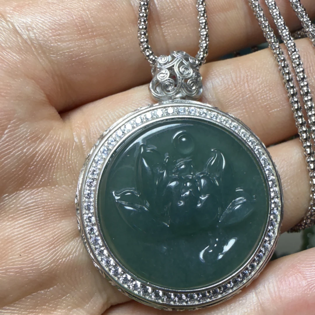 天然翡翠老坑蓝水花开富贵满钻银镶精美时尚女款吊坠双面气质