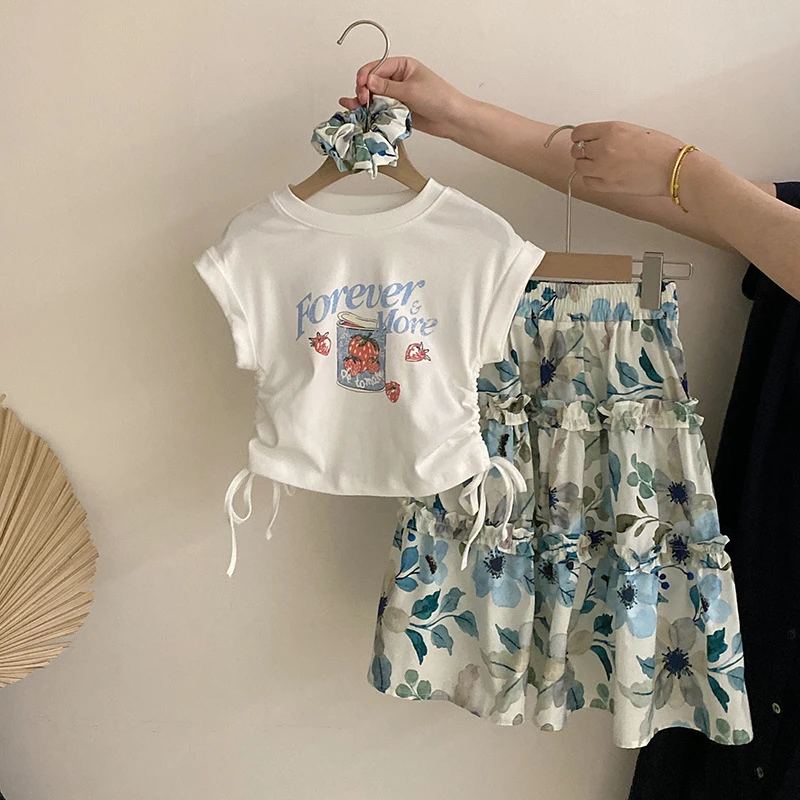 【安安家】韩版女童印花字母短袖T恤花朵拼接半身裙两件套潮Z-SA004