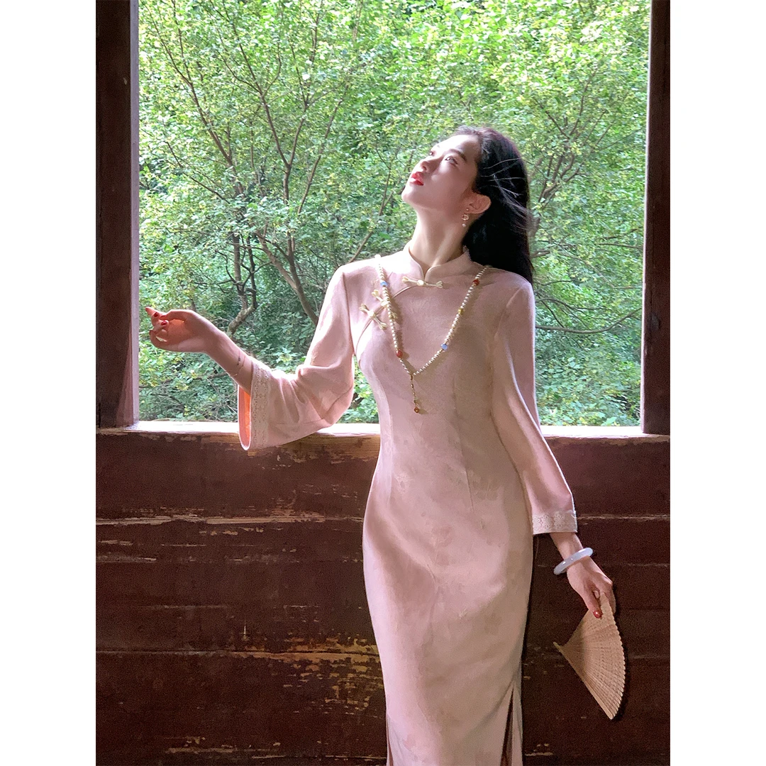 凌茜恣禾【叙语愿】国风新中式浅粉绣花裙温婉优雅修身显瘦旗袍裙子