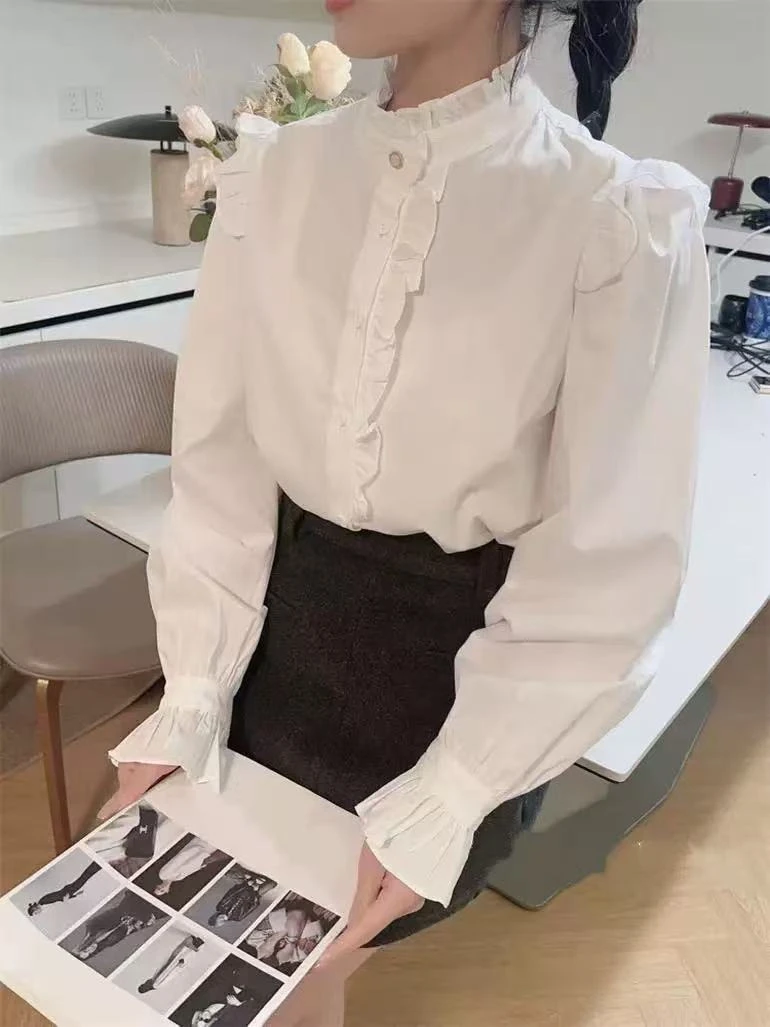 【2213】小#木耳边立领宽松衬衫上衣